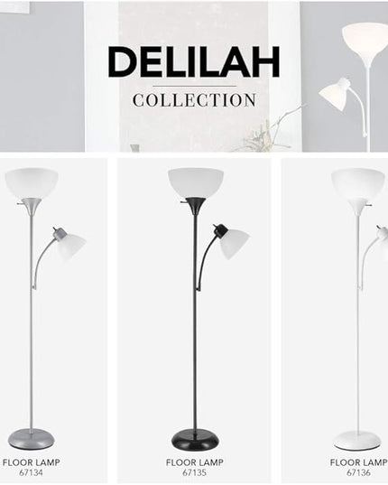 Globe Electric 67135 72" Torchiere Floor Lamp + Adjustable Reading Light, Matte Black, Frosted Plastic Shade, 3-Step Rotary Switch on Socket, Living Room Décor, Reading Light, Home Essentials - LeafyLoom