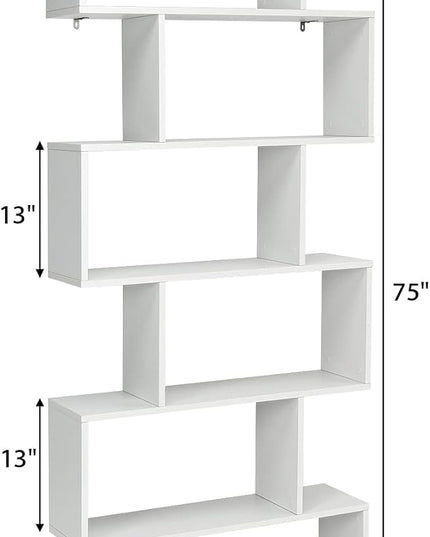 BETTARY 6-Tier Bookshelf, Freestanding S-Shaped Geometric Display Shelf, Modern Tall Bookcase for Home Office, Living Room, Bedroom, White - LeafyLoom