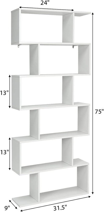 BETTARY 6-Tier Bookshelf, Freestanding S-Shaped Geometric Display Shelf, Modern Tall Bookcase for Home Office, Living Room, Bedroom, White - LeafyLoom