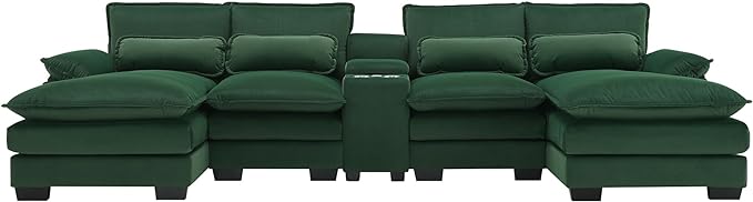U Shaped Symmetrical Modular Sectional Sofa Cloud Couch with Double Chaise Lounge and Center Console,Cupholders and USB Ports, Deep Seat Upholstered Sleeper Corner Sofa&Couches for Living Room - LeafyLoom