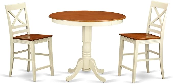East West Furniture JAQU3-WHI-W 3 Piece Counter Height Dining Table Set Contains a Round Wooden Table with Pedestal and 2 Kitchen Dining Chairs, 36x36 Inch, Buttermilk & Cherry - LeafyLoom