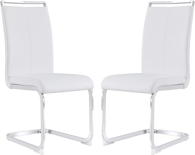 Dining Chairs Set, Kitchen Modern Metal Chairs with Faux Leather Padded Seat High Back and Sturdy Chrome Legs, Chairs for Dining Room (White, Set of 2) - LeafyLoom