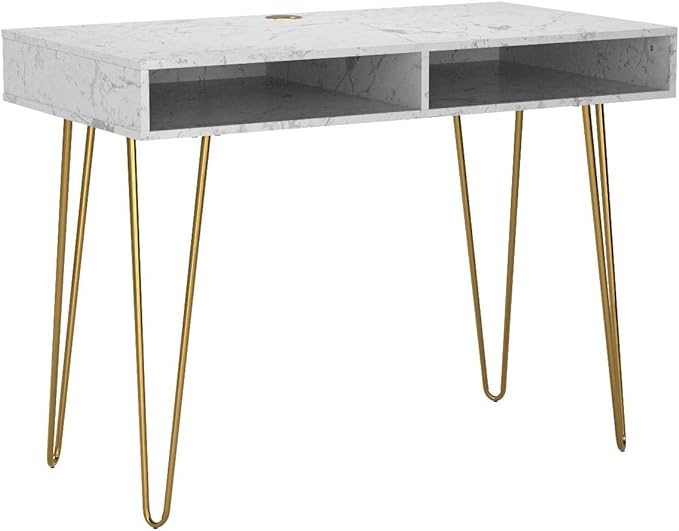 Novogratz Athena Computer Desk with Storage, White Marble - LeafyLoom