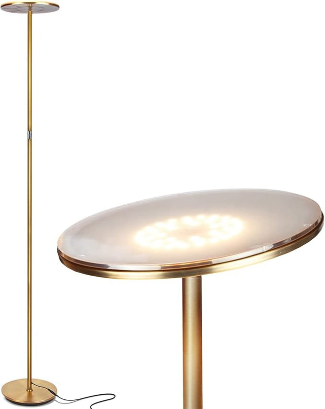 Brightech Sky LED Floor lamp for Living Rooms & Offices -Torchiere Super Bright , Dimmable, Tall Standing Lamp for Bedroom Reading - Gold Brass - LeafyLoom