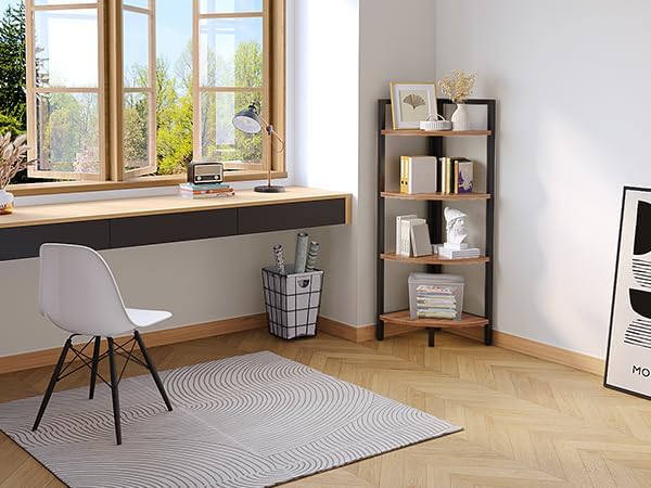 SAYGOER Corner Bookshelf 4 Tier Stand Storage Shelf Modern Black Bookcase Ladder Standing Shelves Display Rack Plant Stand for Small Spaces, Bedroom, Living Room,Walnut Oak - LeafyLoom