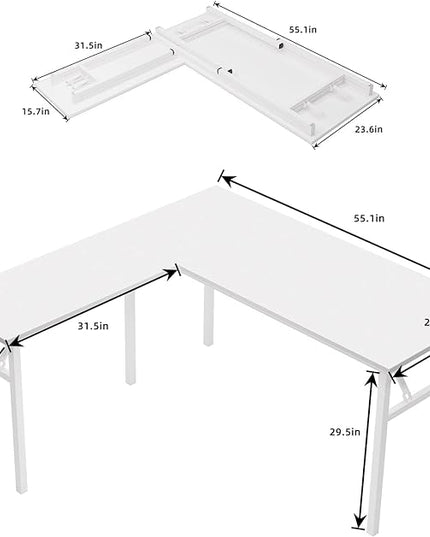 DlandHome L-Shaped Folding Computer Desk 55inches and 55inches Left and Right Adjustable Half-Installed Home Office Workstation Corner Table,White +White - LeafyLoom