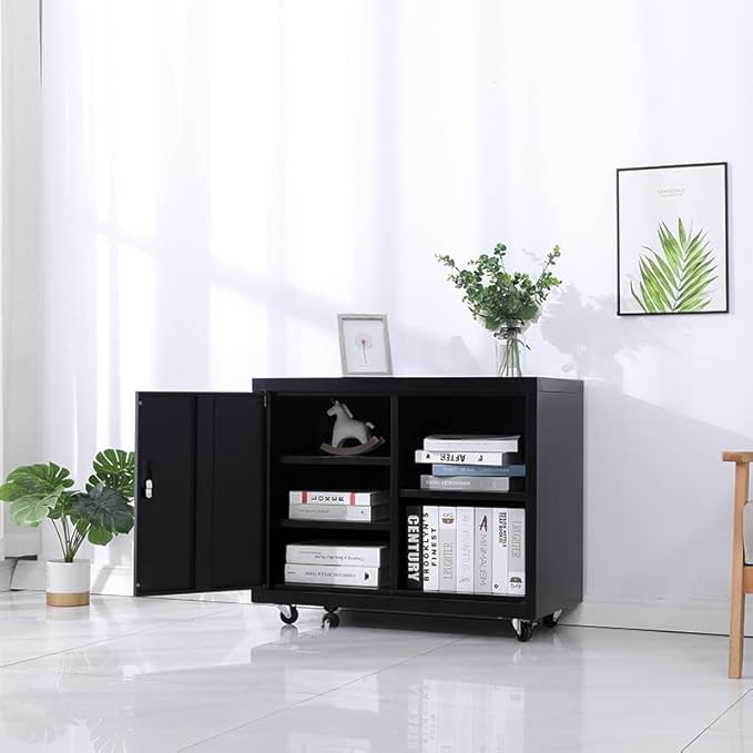 Metal Mobile Lateral File Cabinet, Storage Locker,Printer Stand with Open Storage Shelves for Office,School,Home,Living Room. (Black) - LeafyLoom
