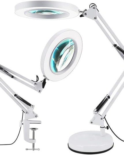 2-in-1 Magnifying Glass with Light and Stand, 5X Real Glass Lens 3 Color Modes Stepless Dimmable, Adjustable LED Lighted Magnifier Desk Lamp with Clamp for Reading, Crafts, Close Works - White - LeafyLoom