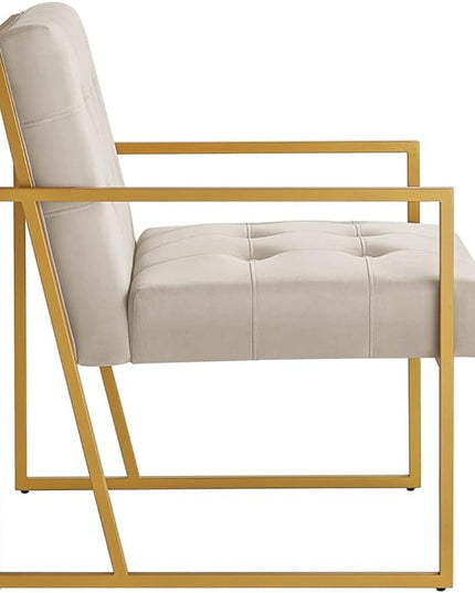 24KF Modern Taupe Velvet Button Tufted Accent Chair with Golden Metal Stand, Decorative Furniture Chairs for Living Room Bedroom - Taupe - LeafyLoom