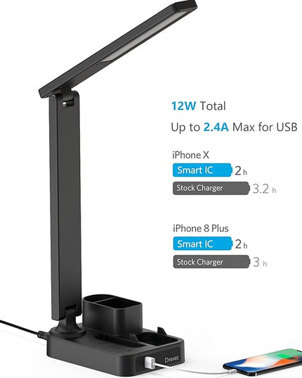 Drevet LED Desk Lamp with Pen Holder, Study Table Light with USB Charging Port, 3 Lighting Modes, 3 Level Brightness,1H Timer, Touch Control, Eye-Caring Lamp, Dorm Room Essential for College Students - LeafyLoom