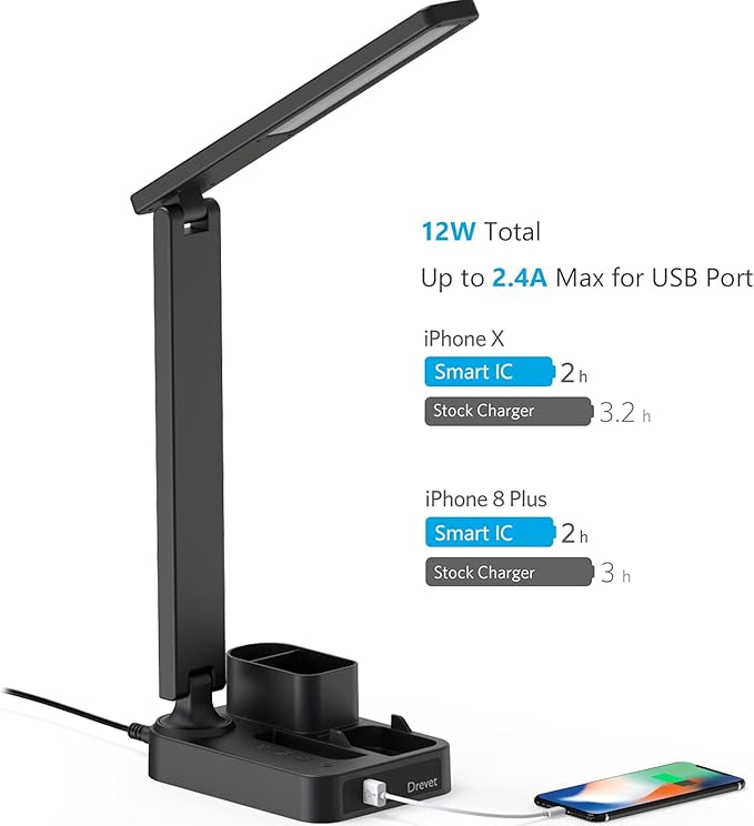 Drevet LED Desk Lamp with Pen Holder, Study Table Light with USB Charging Port, 3 Lighting Modes, 3 Level Brightness,1H Timer, Touch Control, Eye-Caring Lamp, Dorm Room Essential for College Students - LeafyLoom