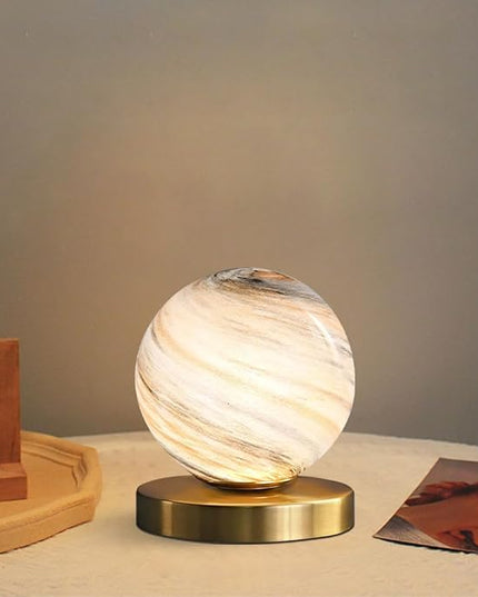 Bedside Table Lamp Gold Desk Lamp Reading Lamp with Handblown Glass Globe Shade, Plug in Table Desk Lamp for Bedroom Office Library Study Room (Moon Shade) - LeafyLoom