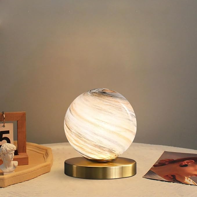 Bedside Table Lamp Gold Desk Lamp Reading Lamp with Handblown Glass Globe Shade, Plug in Table Desk Lamp for Bedroom Office Library Study Room (Moon Shade) - LeafyLoom