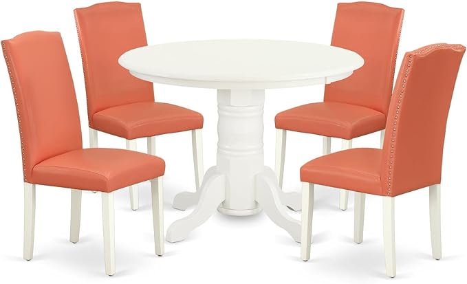 East West Furniture SHEN5-LWH-78 5 Piece Room Furniture Set Includes a Round Kitchen Table with Pedestal and 4 Pink Flamingo Faux Leather Parson Dining Chairs, 42x42 Inch - LeafyLoom