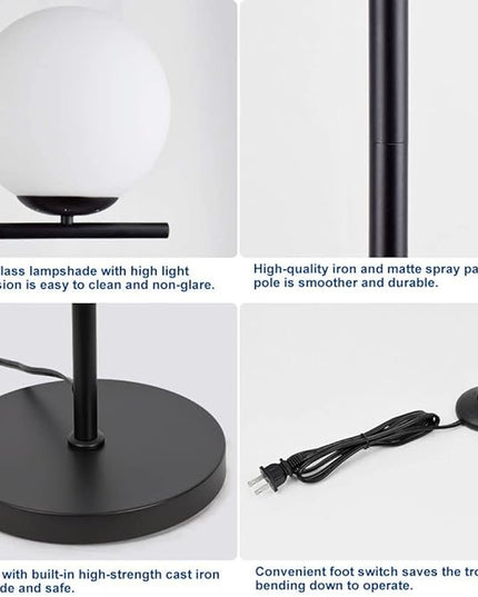 DLLT Modern LED Sphere Floor Lamp-9W Frosted Glass Globe Standing Lamps for bedroom, Energy Saving Mid Century Tall Pole Standing Accent lighting for Living Room, Office, Bedroom, Black - LeafyLoom