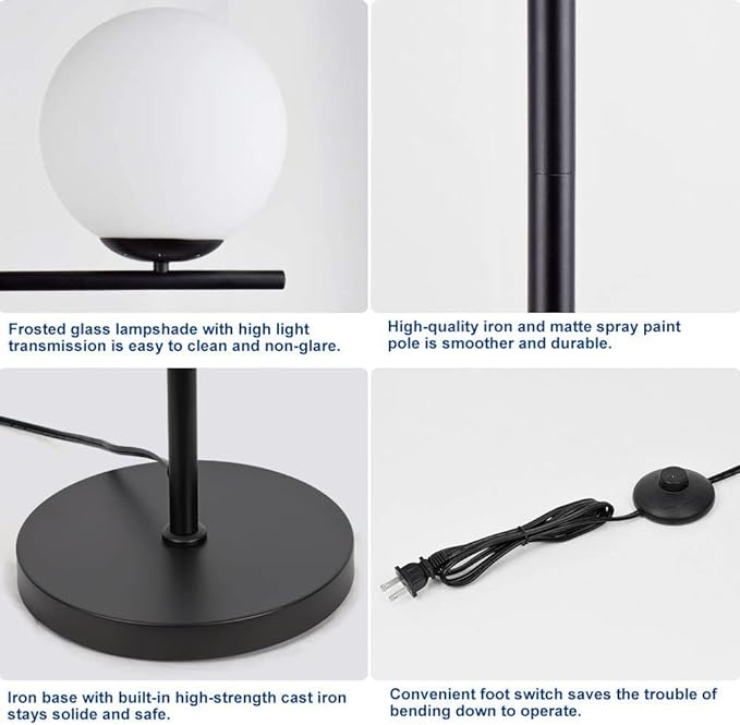 DLLT Modern LED Sphere Floor Lamp-9W Frosted Glass Globe Standing Lamps for bedroom, Energy Saving Mid Century Tall Pole Standing Accent lighting for Living Room, Office, Bedroom, Black - LeafyLoom