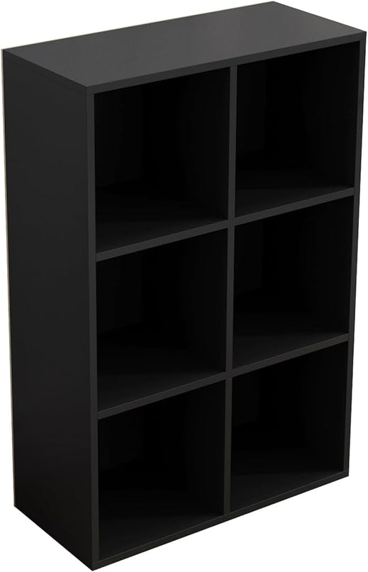 6-Cube Storage Shelf Bookcase - Wooden 3-Tier Floor Standing Open Bookshelf for Home and Office, Display Cabinet, Black - LeafyLoom