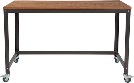Flash Furniture Livingston Collection Computer Table and Desk in Brown Oak Wood Grain Finish with Metal Wheels - LeafyLoom