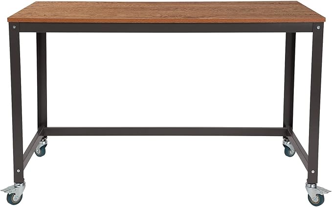 Flash Furniture Livingston Collection Computer Table and Desk in Brown Oak Wood Grain Finish with Metal Wheels - LeafyLoom