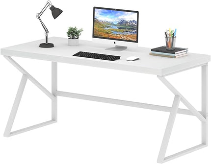 HSH White Desk, Modern Home Office PC Laptop Desk, Large Industrial Metal Wood Desk for Executive Writing Work Study Gaming, Long Student Computer Table for Bedroom Living Room, White Oak, 60 Inch - LeafyLoom