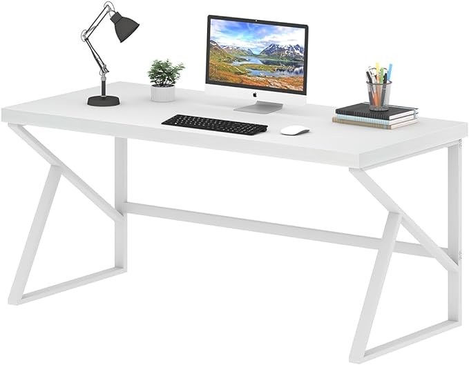 HSH White Desk, Modern Home Office PC Laptop Desk, Large Industrial Metal Wood Desk for Executive Writing Work Study Gaming, Long Student Computer Table for Bedroom Living Room, White Oak, 60 Inch - LeafyLoom