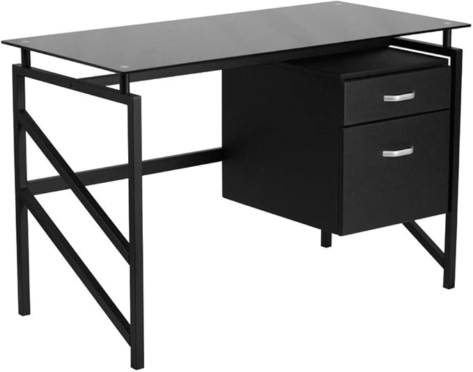 Flash Furniture Singleton Glass Desk with Two Drawer Pedestal,Black - LeafyLoom
