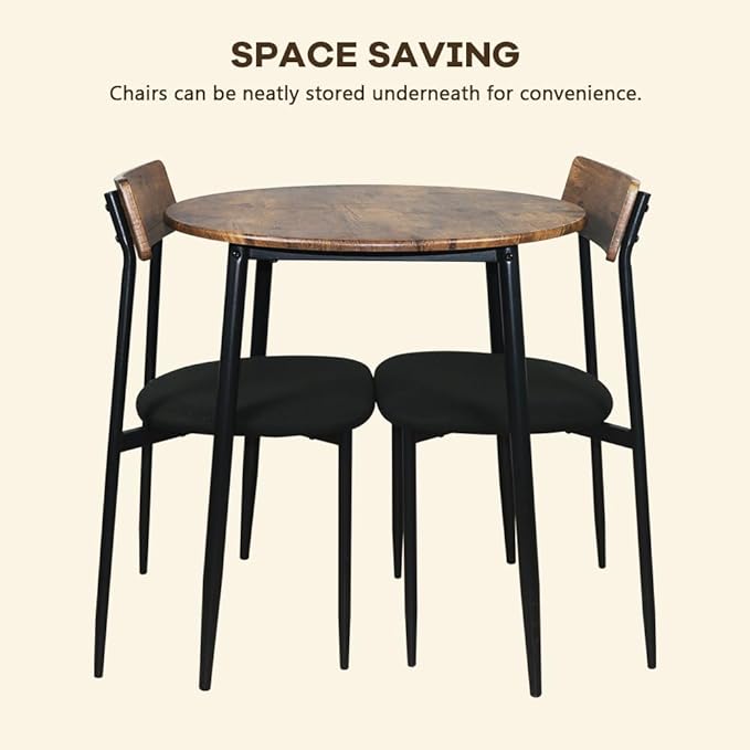 Small Dining Table for 2, Small Kitchen Table for 2, Bar Table, Dining Room Table, Round Dining Table, Bistro Table and Chairs Set of 2, for Small Spaces, with Fabric Seats, Rustic Brown - LeafyLoom