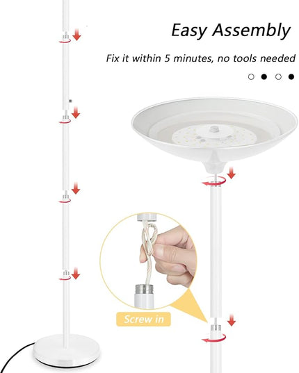 BoostArea Torchiere Floor Lamp, 24W Super Bright LED Standing Lamp, 3000K Stepless Dimmable Pole Lamp with Rotary Switch, 70 Inch Tall Metal Modern White Floor lamp for Living Room/Bedroom/Office/Den - LeafyLoom