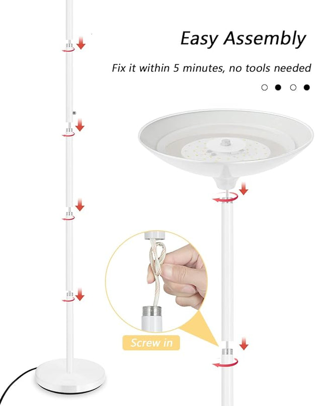 BoostArea Torchiere Floor Lamp, 24W Super Bright LED Standing Lamp, 3000K Stepless Dimmable Pole Lamp with Rotary Switch, 70 Inch Tall Metal Modern White Floor lamp for Living Room/Bedroom/Office/Den - LeafyLoom