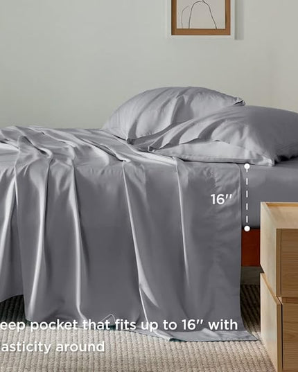 Bedsure California King Sheet Sets, Cooling Sheets, Rayon Derived from Bamboo, Deep Pocket Up to 16", Breathable & Soft Bed Sheets, Hotel Luxury Silky Bedding Sheets & Pillowcases, Silver Grey - LeafyLoom