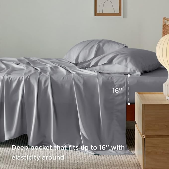 Bedsure California King Sheet Sets, Cooling Sheets, Rayon Derived from Bamboo, Deep Pocket Up to 16", Breathable & Soft Bed Sheets, Hotel Luxury Silky Bedding Sheets & Pillowcases, Silver Grey - LeafyLoom