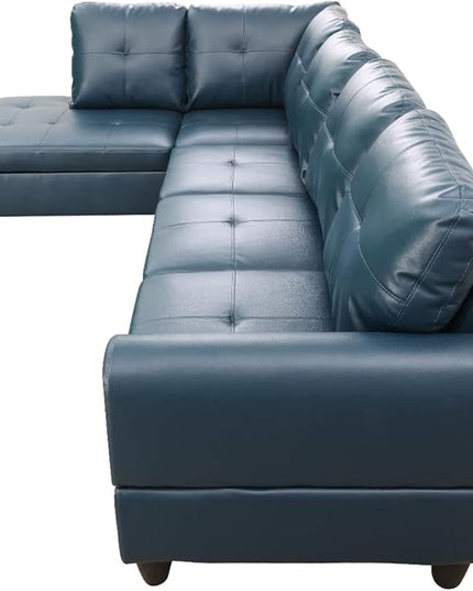 ROOMTEC Button 3 Piece L Shape Sectional Sofa Set, Upholstered Corner Couch with Storage Ottoman, Faux Leather Tufted Cushions, for Living Room, Apartment, 97inch, Denim w/Left Chaise Lounge - LeafyLoom