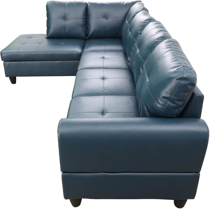 ROOMTEC Button 3 Piece L Shape Sectional Sofa Set, Upholstered Corner Couch with Storage Ottoman, Faux Leather Tufted Cushions, for Living Room, Apartment, 97inch, Denim w/Left Chaise Lounge - LeafyLoom