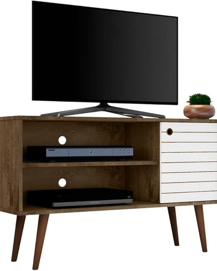 Manhattan Comfort Liberty Mid Century Modern TV Stand for Televisions up to 46 Inches, Bedroom and Living Room Entertainment Center with Storage, Shelves, and Cabinet, 43" Wide, Rustic Brown/White - LeafyLoom