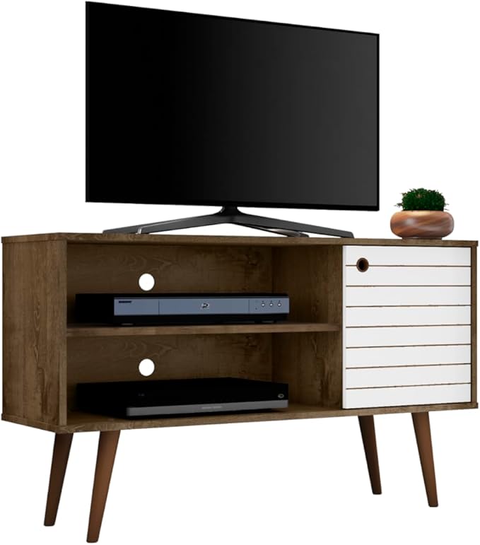 Manhattan Comfort Liberty Mid Century Modern TV Stand for Televisions up to 46 Inches, Bedroom and Living Room Entertainment Center with Storage, Shelves, and Cabinet, 43" Wide, Rustic Brown/White - LeafyLoom