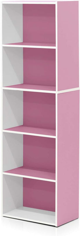 Furinno 5-Tier Reversible Color Open Shelf Bookcase , White/Pink 11055WH/PI - LeafyLoom