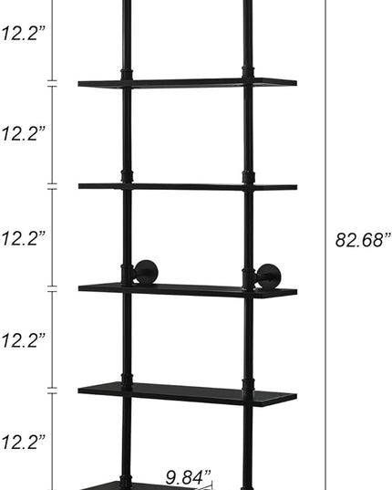 HOMBAZAAR Industrial Bookshelf, 6-Tier Industrial Pipe Bookshelf, Wall Mounted Ladder Shelf with Metal Frame for Home Office, Living Room, Black - LeafyLoom