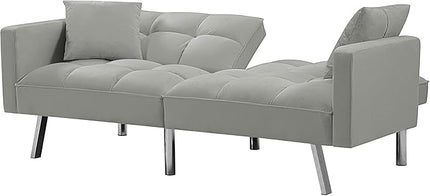 74" Futon Sofa Bed Living Room Furniture Sets Modern Convertible Folding Lounge Couch Loveseat Daybed Upholstered Sofá with 2 Pillows for Bedroom, Apartment, Home Office, Gray-3 - LeafyLoom