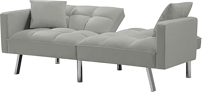 74" Futon Sofa Bed Living Room Furniture Sets Modern Convertible Folding Lounge Couch Loveseat Daybed Upholstered Sofá with 2 Pillows for Bedroom, Apartment, Home Office, Gray-3 - LeafyLoom
