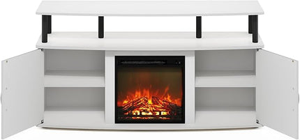 Furinno Jensen Living Room Fireplace TV Entertainment Center with Doors Storage Cabinet for TV up to 55 Inch, Solid White/Black - LeafyLoom
