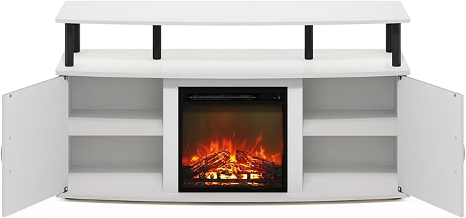 Furinno Jensen Living Room Fireplace TV Entertainment Center with Doors Storage Cabinet for TV up to 55 Inch, Solid White/Black - LeafyLoom