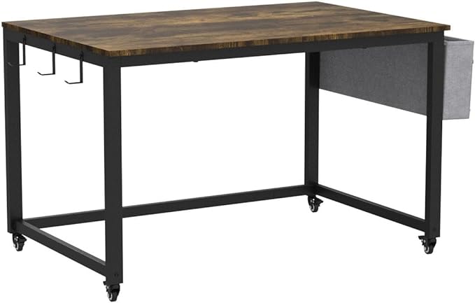 AHB 47" Rolling Computer Desk with 4 Smooth Wheels and 3 Iron Hooks, Simple Style Mobile Writing Desk Home Office Study Table Movable Workstation with Metal Frame - LeafyLoom