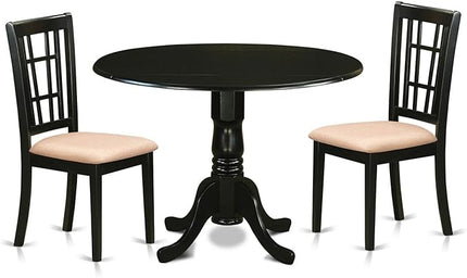 East West Furniture DLNI3-BLK-C 3 Piece Set Contains a Round Dining Room Table with Dropleaf and 2 Linen Fabric Upholstered Kitchen Chairs, 42x42 Inch - LeafyLoom