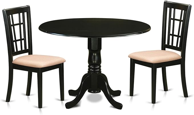 East West Furniture DLNI3-BLK-C 3 Piece Set Contains a Round Dining Room Table with Dropleaf and 2 Linen Fabric Upholstered Kitchen Chairs, 42x42 Inch - LeafyLoom