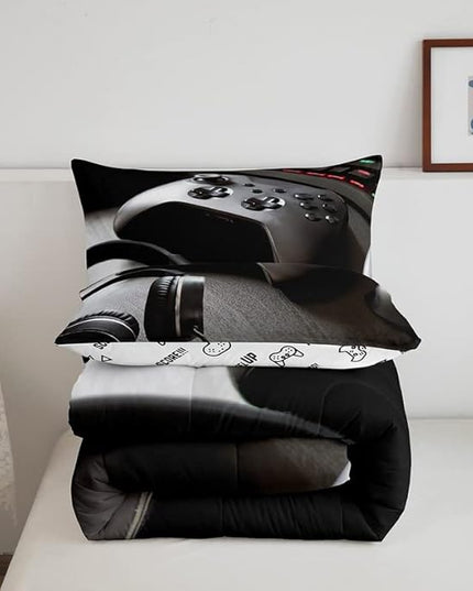 Feelyou Gaming Bedding Set Boys Game Controller Comforter for Kids Girls Teens Modern Gamer Headset Comforter Set Youth Gaming Console Video Game Decor Duvet Set with 2 Pillow Case King Size Black - LeafyLoom