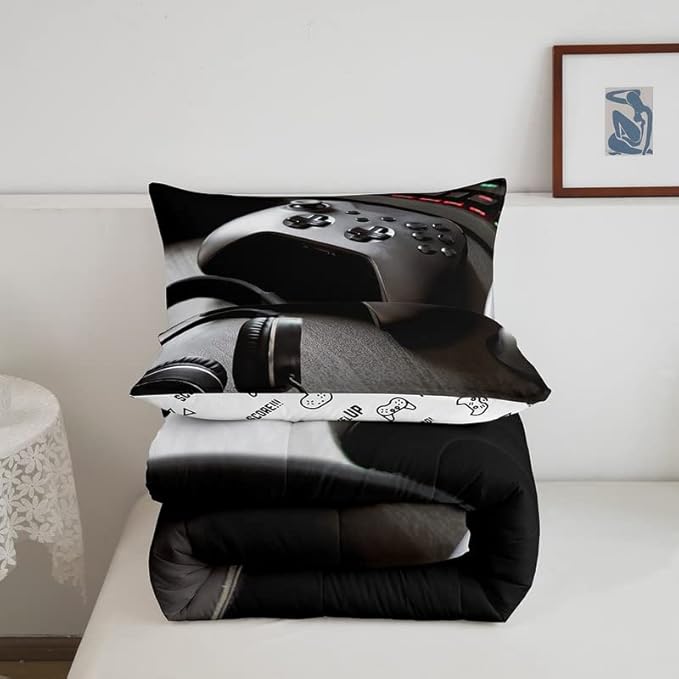 Feelyou Gaming Bedding Set Boys Game Controller Comforter for Kids Girls Teens Modern Gamer Headset Comforter Set Youth Gaming Console Video Game Decor Duvet Set with 2 Pillow Case King Size Black - LeafyLoom