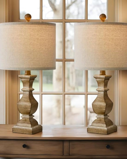 PoKat 20.5" Mid Century Table Lamp Sets of 2 for Living Room Retro Style Farmhouse Table Lamp for Bedroom Classic Beige Resin Bedside Night Light Lamps - LeafyLoom