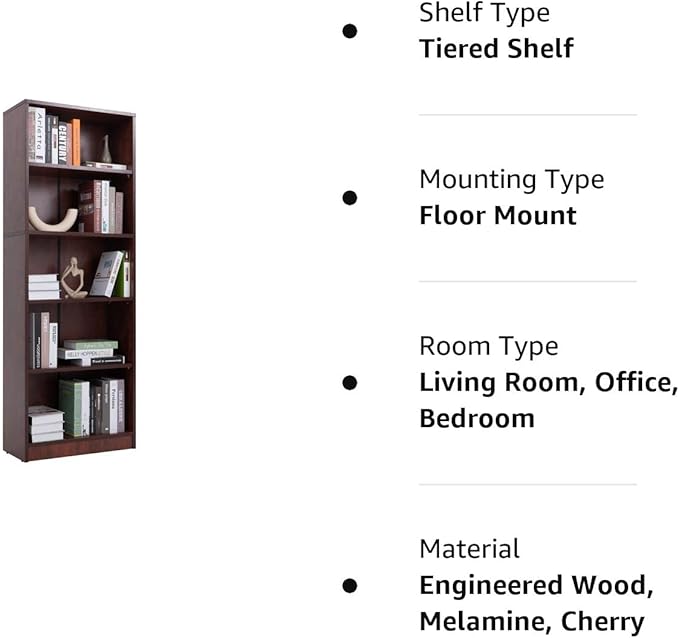 5 Shelf Wood Bookcase Freestanding Display Shelf Adjustable Layers Bookshelf for Home Office Library Small Narrow Space(Cherry, 5-Layers,24.4W x 11.6D x 68.9H inch) - LeafyLoom