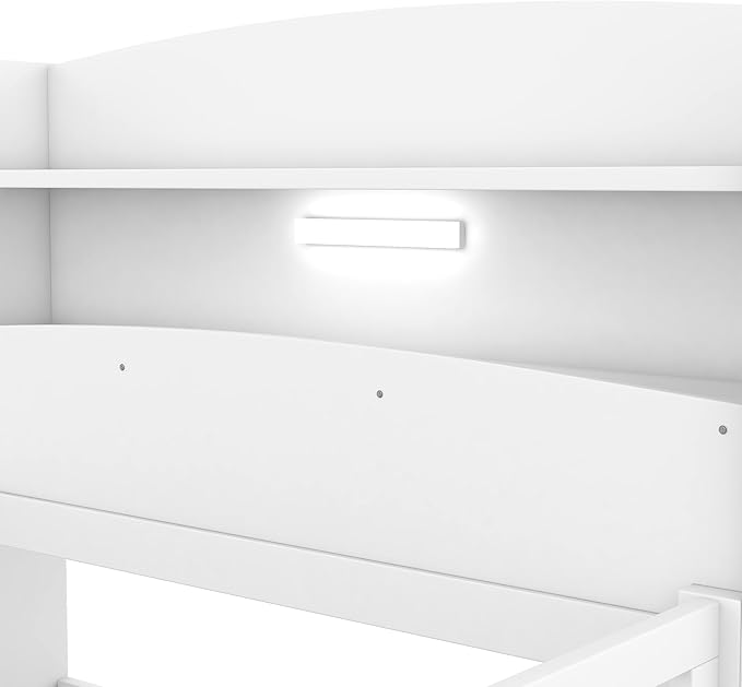 Twin Size Platform Bed with Built-in LED Light,Multi-functional Wood Beds Frame,w/ 2 Storage Shelves Headboard and Guardrail,for Apartment,Bedroom,Living Room,White - LeafyLoom
