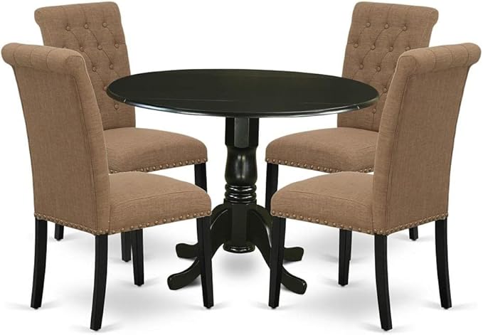 East West Furniture DLBR5-BLK-17 Dublin 5 Piece Kitchen Set Includes a Round Dining Room Table with Dropleaf and 4 Light Sable Linen Fabric Parsons Chairs, 42x42 Inch, Black - LeafyLoom